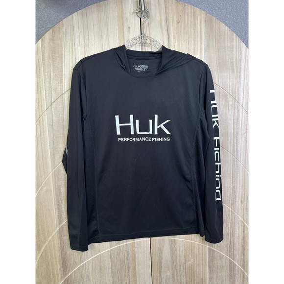 Huk Performance Fishing Hoodie Men's Long Sleeve Black Pullover Shirt - Picture 1 of 8